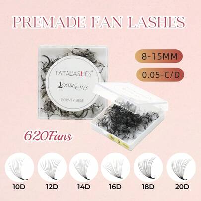 620 chiếc/hộp, 10D/12D/14D/16D/18D/20D, mi giả tạo độ dày 8-15mm, độ dày 0.05mm, kiểu D, mi nối thủ công dạng lỏng.