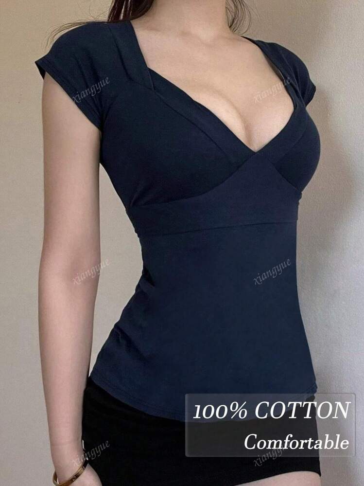 Élégants t-shirts à manches courtes slim ajustés à encolure en V pour dames, tops courts sexy bandage avec nœud décolleté profond pour jeunes femmes, hauts de base à manches courtes casual pour le printemps et l'été