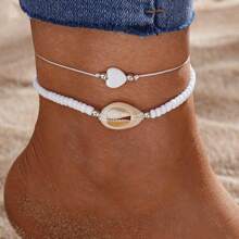 2pcs Set Fashionable Soft Clay Seashell Anklets, Boho Style Handmade Double-Layer Foot Jewelry For Women