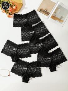 6 piezas de pantis de encaje negro sexy y de moda para mujer, ropa interior triangular romántica, elegante, suave, cómoda, transpirable y elástica, adecuada para uso diario y todas las estaciones