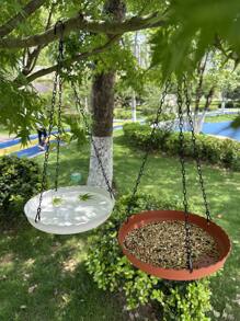 1 pezzo Mangiatoia per uccelli da appendere per giardino esterno - In plastica resistente, a doppio uso per cibo e acqua, facile da installare, adatta per pappagalli e colibrì, stazione decorativa per uccelli con catena