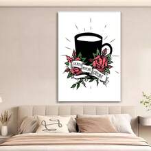 Póster enmarcado "Muerte antes del descafeinado" - Impresión de café - Arte de la cafeína - Arte floral - Regalo para él, ella y el barista - Decoración mínima y divertida para la cocina, el restaurante o el comedor, decoración hogareña creativa, carteles decorativos de alta calidad para dormitorio, gimnasio, bar, cafetería, arcada, sala de estar, decoración de pared, regalo perfecto - Enmarcado - Ver 5