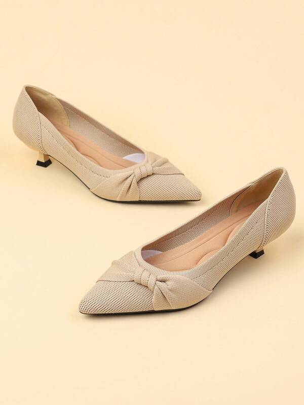 Sapatilhas de Bico Fino de Malha Cor Sólida para Mulheres, Novo Estilo Fofo de Laço Apricot Slip-On Casual Plus Size Saltos Gatinho Francês de 4cm, Saltos Altos Jovens Adequados para Vestidos, Estilo Fofo