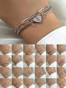 1 件朋克风格 26 字母不锈钢串珠女士/情侣手链，适合女性和情侣休闲日常佩戴 - 銀色 - 查看 1