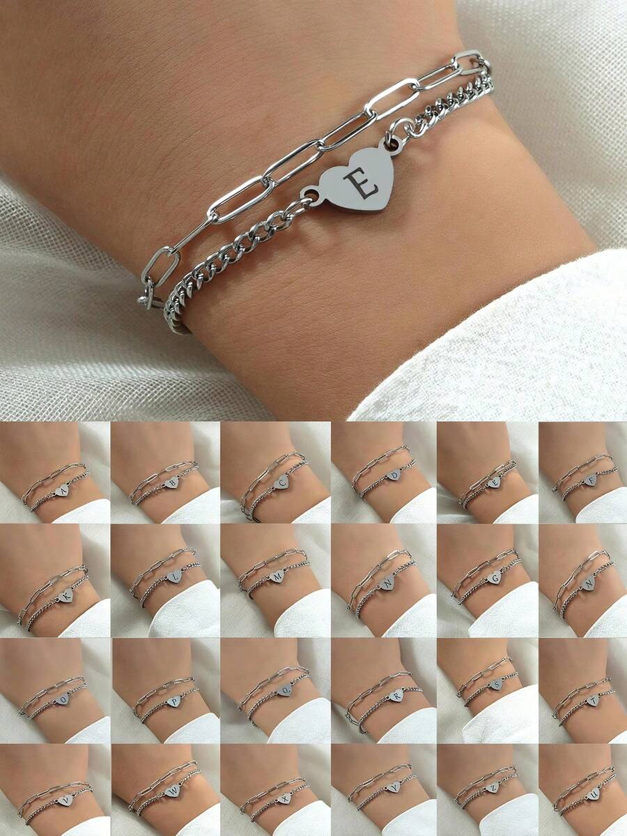 1 件朋克风格 26 字母不锈钢串珠女士/情侣手链，适合女性和情侣休闲日常佩戴 - 銀色 - 查看 1