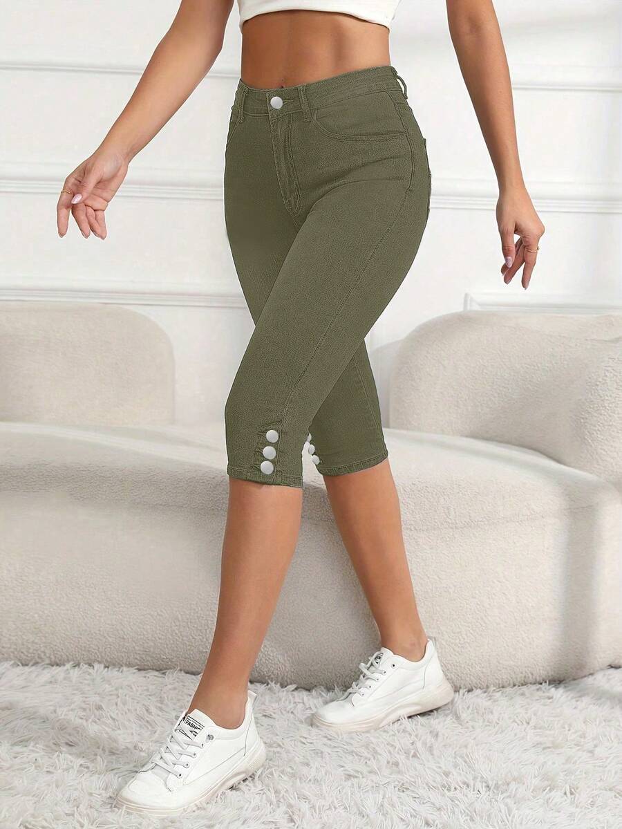 Jeans capri de verano elásticos y ajustados de estilo casual para mujer - Verde - Ver 1