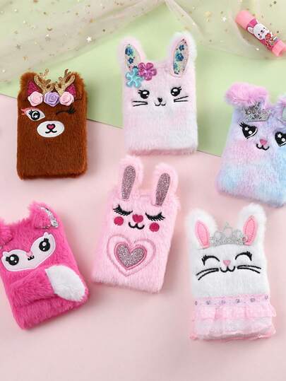 Libreta de bolsillo mini portátil con conejo de dibujos animados de peluche para niñas y estudiantes, la posición del teñido varía con la diferencia de color (4.3" X 3.3")