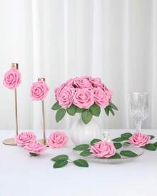 25Pcs Artificial Roses Flowers Fake Roses With Stems Real Touch Foam Flowers For DIY Wedding Bouquet Baby Shower Centerpiece Floral Arrangement Party Home Decor(Dark Red) - Pink - View 11