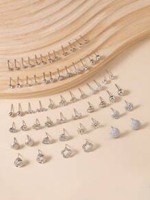 30 Pairs Women Fashion Metal Simple Cute Star, Flower, Butterfly, Heart, Round, Geometric Stud Earrings Set, Daily Wear Jewelry Gift Set