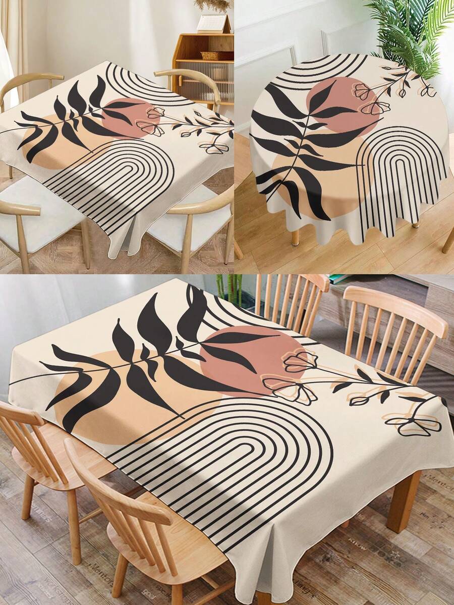 1pc Boho Style Plant & Floral Pattern Printed Tablecloth, Modern Polyester Rectangle/Round Water Repellant Tablecloth, Digital Printing For Living Room, Outdoor Dining Table, Small Round Table,Fall Decor,Autumn Decor,Room Decor - Multicolor - View 1