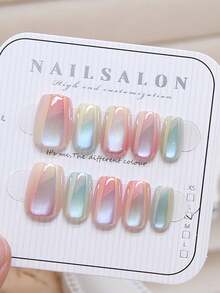 10Pcs Ombre Cat Eye Press-On Nails - Short Ballet Shape, Candy Colors, Glossy Finish, Easy To Apply And Reusable - Salon Quality Look Nail Supplies Nails - Multicolor - View 2
