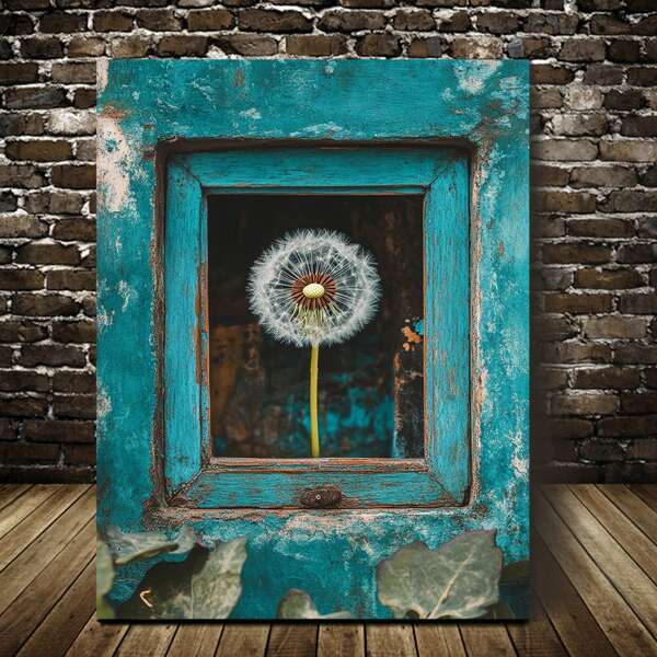 1 pezzo Quadro su tela con cornice - Fiore di tarassaco turchese con sfondo blu country, decorazione moderna ispitata alla natura per soggiorno, ufficio, camera da letto o cucina, opera d'arte per una atmosfera serena, cornice in legno di pino