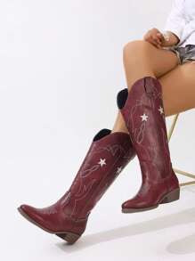 Women's Mid-Calf Western Style Boots With V-Cut Embroidered Printed Decor, Pointed Toe Chunky Heels, Over-The-Knee Cowboy Boots, Burgundy