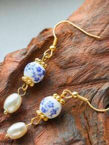 2 piezas de Elegantes pendientes de mujer de cuentas de cristal con borlas, estilo chino de porcelana azul y blanco con flores, multicolor, apropiados para fiestas, banquetes y uso diario