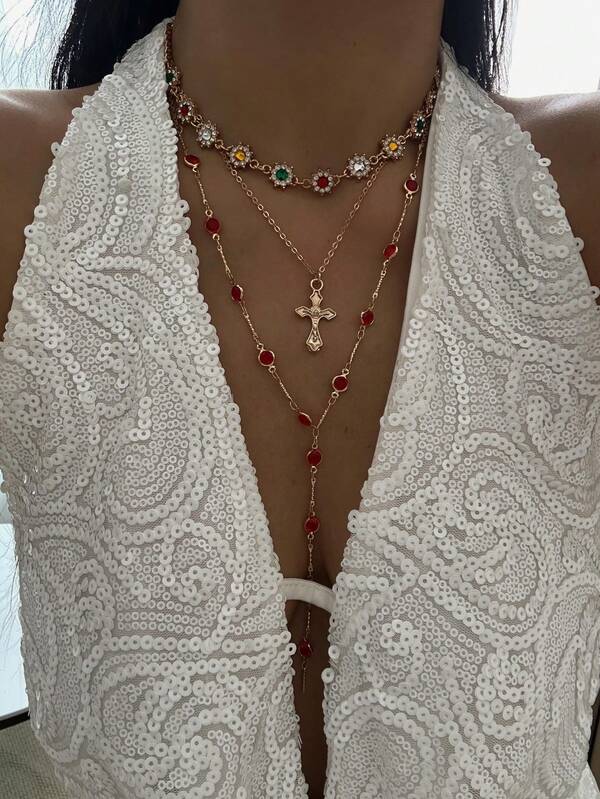 Rhinestone Cross Necklace Set, Crystal Flower Choker Necklace