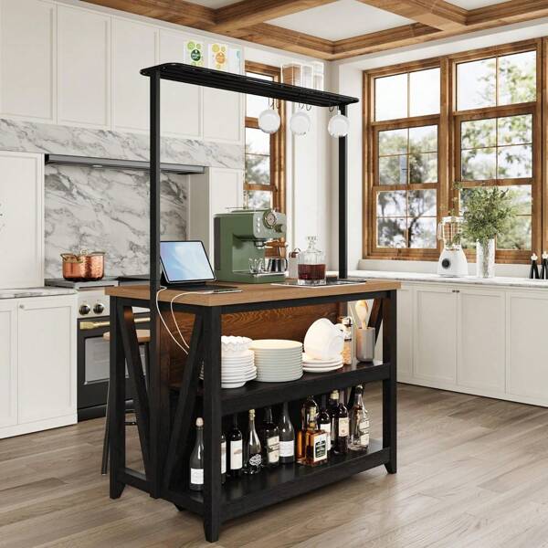 Wooden Kitchen Island With Power Outlet & LED Lights, Bakers Rack With Storage, Large Kitchen Island Table With 3 Tier Microwave Stand Oven Shelf, Coffee Bar Table With 6 Hooks, White
