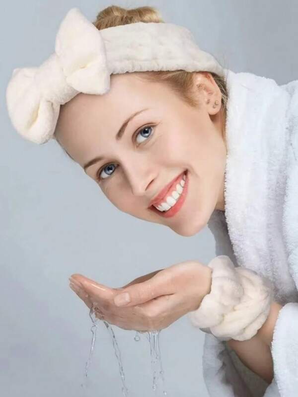 3 Pcs/Set Reusable Spa Headband & Wristband Set (Bow Headband, Headband + Wristband, Towel Wristband) - Plush Solid Color Headbands, Soft Headbands, Yoga Headbands, Microfiber Headbands, Ladies Wristbands, Adjustable Makeup Headbands - For Bathroom Cleaning, Travel Accessories, Gifts