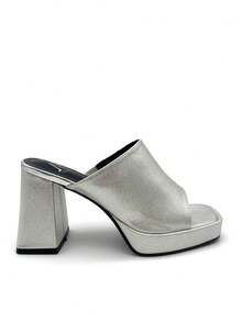 Platform Slippers Summer Chunky Heel Mule Sandals Peep Toe Versatile Fashion Clogs - Silver - View 3