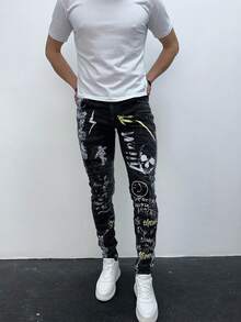 Men's Black Skinny Jeans With Graffiti Prints And Street Art Details - Black - View 4
