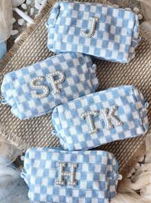 1pc Custom Initials Blue Checkered Cosmetic Bag | Last Toast On The Coast Bridesmaid Favors | Coastal Cowgirl | Bachelorette Beach Party