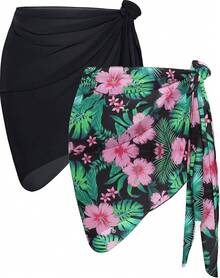 CHICGAL 2 Pieces Women Beach Sarong Bathing Suit Wrap Skirt Sheer Bikini Swimsuit Cover Ups Swimwear - 黑色和綠色粉紅色花卉 - 查看 1