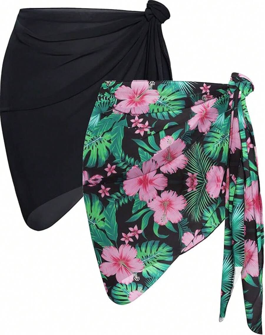 CHICGAL 2 Pieces Women Beach Sarong Bathing Suit Wrap Skirt Sheer Bikini Swimsuit Cover Ups Swimwear - 黑色和綠色粉紅色花卉 - 查看 1