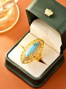 Conjunto de 1 peça estilo vintage antigo com pedras preciosas sintéticas longas e brilhantes, banhadas a ouro, anéis largos para mulheres, o melhor acessório para banquetes e festas, decoração de casamento, uso diário versátil, joias lindas para presentear quem você ama