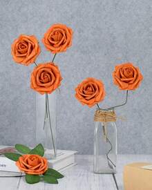 25Pcs Artificial Roses Flowers Fake Roses With Stems Real Touch Foam Flowers For DIY Wedding Bouquet Baby Shower Centerpiece Floral Arrangement Party Home Decor(Dark Red) - Burnt Orange - View 4