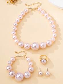 1 Set Women Jewelry Set - Faux Pearl Elegant Classic Earrings, Ring, Bracelet, Necklace Jewelry Set, Suitable For Daily Wear - Pink - View 5