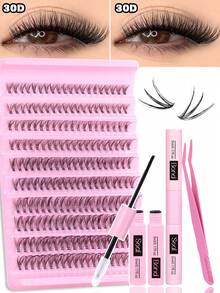 612/200/240片装DIY睫毛嫁接套装，包含胶水、封层剂、睫毛胶卸妆液、镊子、眉刷，30D/40D/30D+40D/40D+60D/60D+80D/80D+100D浓密单簇假睫毛，纤长柔软仿貂毛睫毛，适合猫眼妆、美容派对和旅行。 - 黑色 - 查看 12