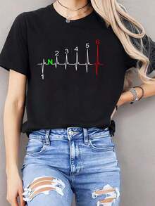 Camiseta 100% algodón negra con estampado de latido cardíaco, velocímetro y palanca de cambios de 1-6 marchas para mujer, camiseta casual de moda para fiesta de verano - Negro - Ver 1