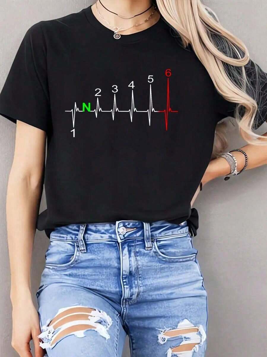 Camiseta 100% algodón negra con estampado de latido cardíaco, velocímetro y palanca de cambios de 1-6 marchas para mujer, camiseta casual de moda para fiesta de verano - Negro - Ver 1