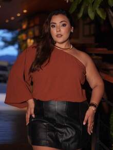 Women's Plus Size Blouse Mula Manca Brown Boho Elastic Adjustable Godet Sleeve Cropped Loose Casual Elegant Top - 鏽棕色 - 查看 3