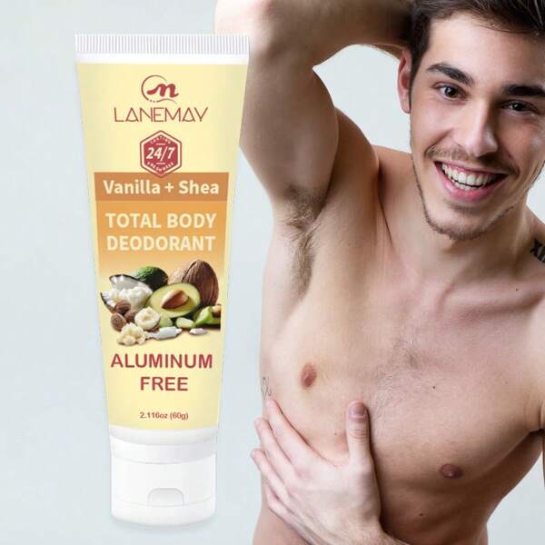 SUMIFANG Desodorante corporal completo para hombres, desodorante corporal total, vainilla + manteca de karité, desodorante en crema sin aluminio para frescura/desodorante corporal completo probado dermatológicamente, 60g