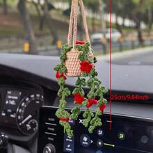 1pc Crochet Plant Decor, Boho Handmade Car Rear View Mirror/Room Hanging Accessory, Suitable For Women & Girls, Green Car Interior Aesthetic Decor, Truck Hanger Ornament Charm For Men - Multicolor - View 11
