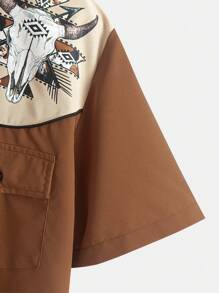 Men's Long Sleeve Denim Shirt With Animal Print Design, Fashionable Denim Casual Shirt With Double Pockets And Buttons, Suitable For Daily Wear Cowboy Style