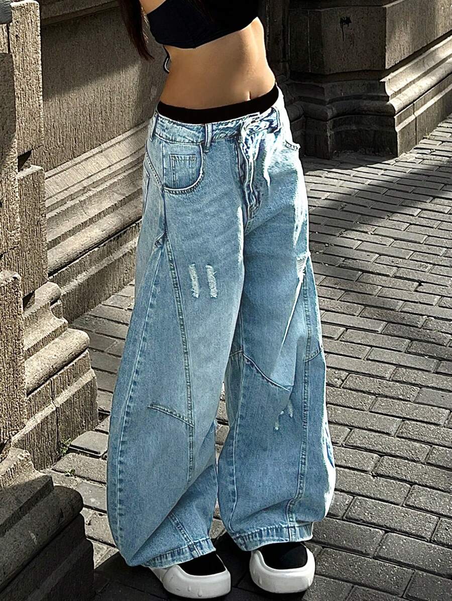 Jeans a vita alta ripped dalla gamba a barile stile Y2K - Jeans a vita alta e gamba ampia con taglio a lama di rasoio, pantaloni a falce