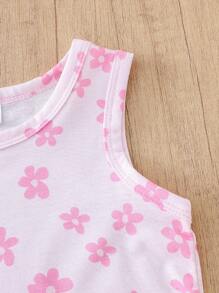 Baby Girls Sleeveless Flower Printed Lotus Hem Top + Solid Color Soft Jersey Shorts 2pcs Set, Summer