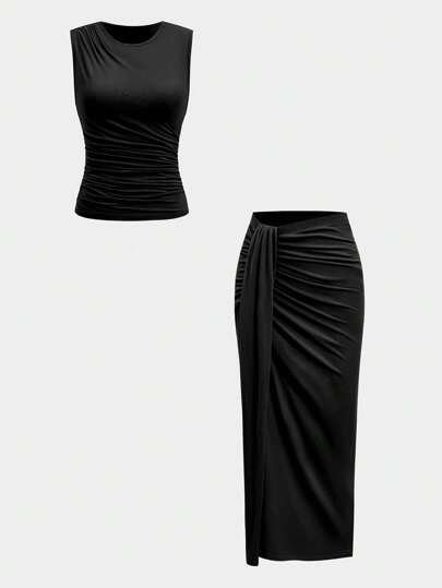 2pcs Women's Pleated Set, Including Round Neck Camisole And Elegant Split Midi Skirt, Slightly Stretchy Knit Fabric 180G
