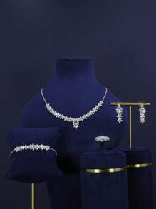 Juego de joyería de 5 piezas chapado en oro de 14K para mujeres, incluye collar, aretes, pulsera, anillo, diseño de gota, adecuado para novia, boda, fiesta, celebración, regalo para amigos