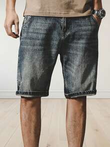 Men's Non-Elastic Summer Waist Fashion Jeans, Youth Popular Straight Washed Five-Point Denim Shorts - Màu xanh lam - Xem 3