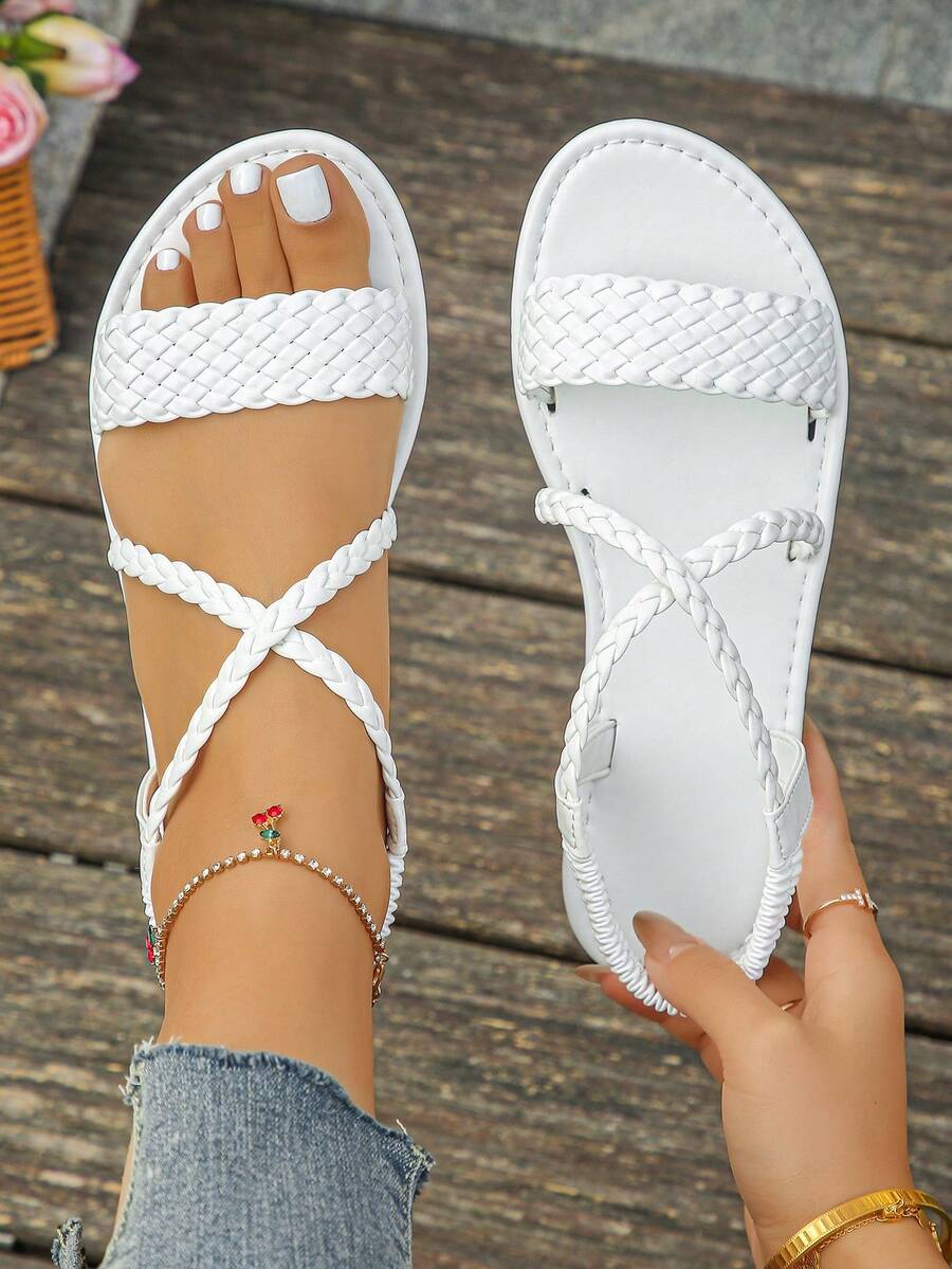 New Summer Women Roman Style Casual Flat Sandals, Solid Color Beach Vacation Fashion PU Leather Woven Beach Festival Wedding Party Office Outdoor, Spring/Summer - White - View 1