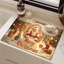 1pc Christmas Santa, Snowman & Tree Printed Silicone Coffee Drink Coaster, Anti-Slip Absorbent Washable Drainage Mat For Countertop, Kitchen, Dining Table, Holiday Decor