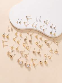 30 对/套简约时尚金属仿珍珠、星星、心形、水钻、蝴蝶结、海星、花朵、方形、几何耳环珠宝礼品套装，适合女士日常佩戴 - 金黃色 - 查看 3