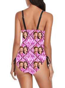 1 pieza Traje de baño de mujer con estampado personalizado de rostro, personalización de pareja, sexy y de moda, de alta elasticidad, estilo ajustado delgado, adecuado para playa y entrenamiento de natación, traje de baño de moda para jóvenes, playa, vacaciones, traje de baño para niñas, mejor regalo para novia/esposa