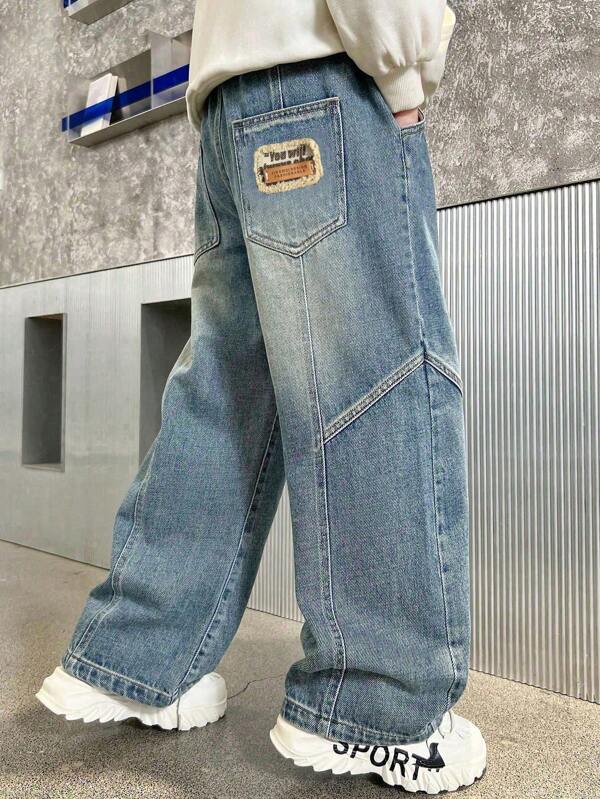 Coleção de primavera/outono para Garoto Tween com Calça Denim de Perna Larga Esportiva e Elegante em Denim Lavado
