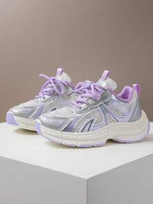 1 Pair Children's Breathable Mesh Casual Sneakers, Girls Lightweight Versatile Chunky Sneakers, Boys Anti-Slip Durable Running Shoes, Spring - Purple - View 4