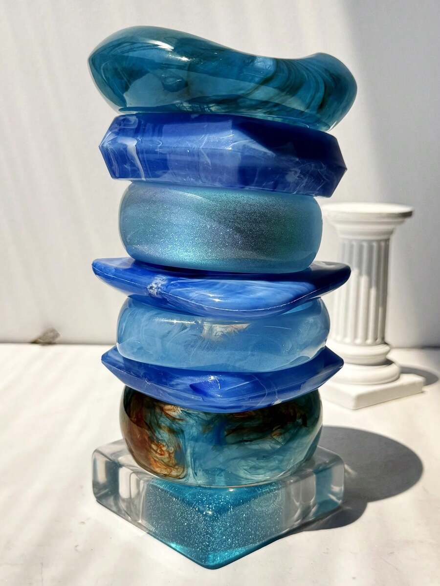 1 件不对称方形和圆形扭曲透明蓝色闪亮扎染树脂手链，Y2K 夏季时尚配饰