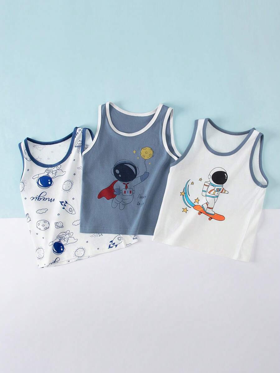 3pcs Pack Boys' Thin Sleeveless Tank Top, Cotton Simple Casual Undershirt, Space Printing, Summer - Multicolor - View 1