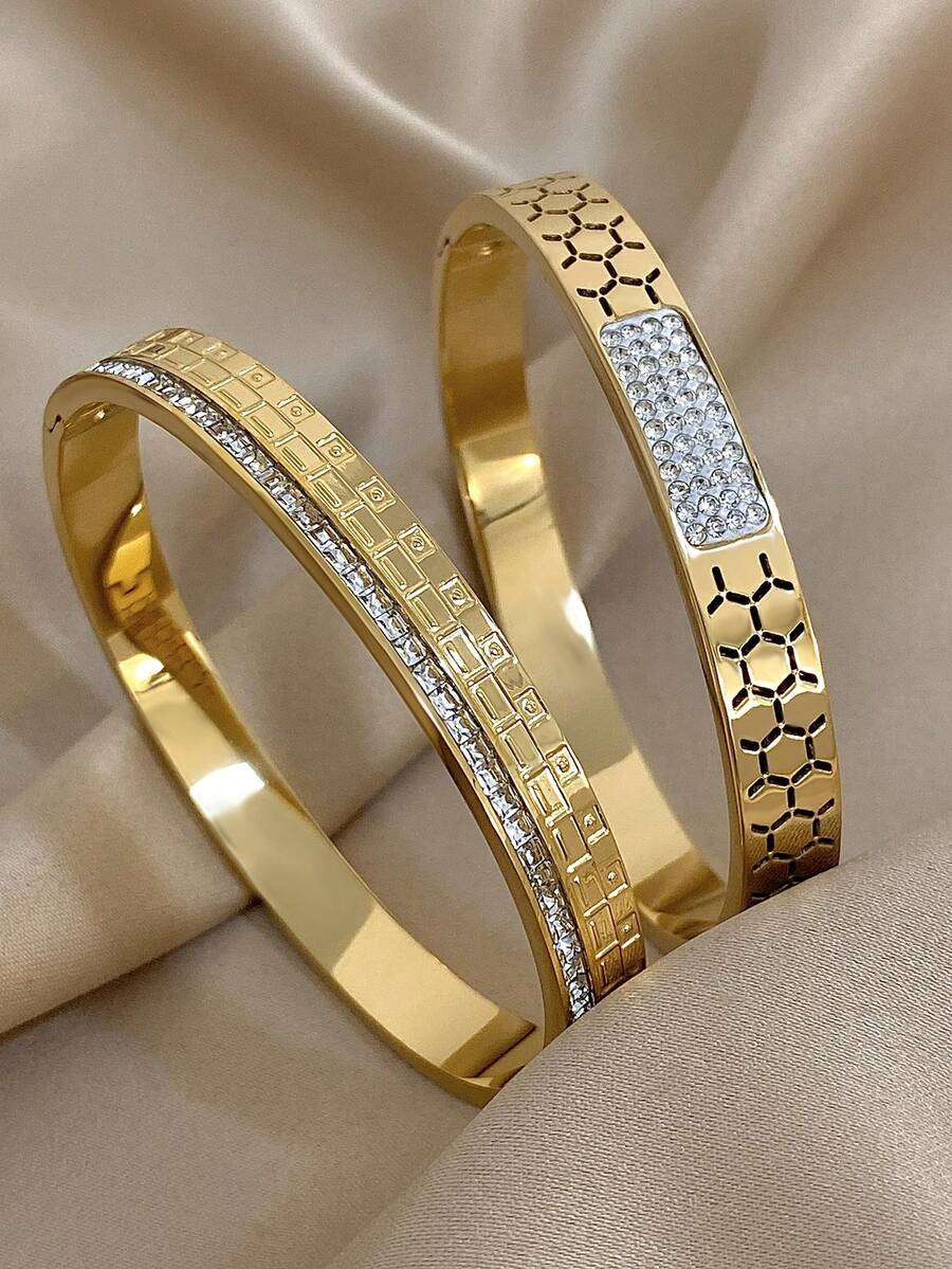 18K 镀金不锈钢奢华优雅几何锆石钻石可叠戴手镯套装，适合女士、妈妈礼物、圣诞节感恩节万圣节婚礼狂欢/舞会/派对/日常配饰、周年纪念礼物、情人节波西米亚风珠宝生日伴娘礼物 Y2K 精致时尚手镯